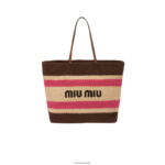 אוסף בז'/חום כהה Miu Miu תיק רפיה וכותנה FNPPL132
