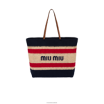 אוסף בז'/כחול Miu Miu תיק רפיה וכותנה FNPPL127