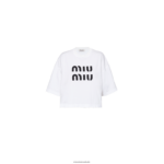 מוכן ללבישה לבן Miu Miu חולצת טריקו מכותנה רקומה FNPPL699